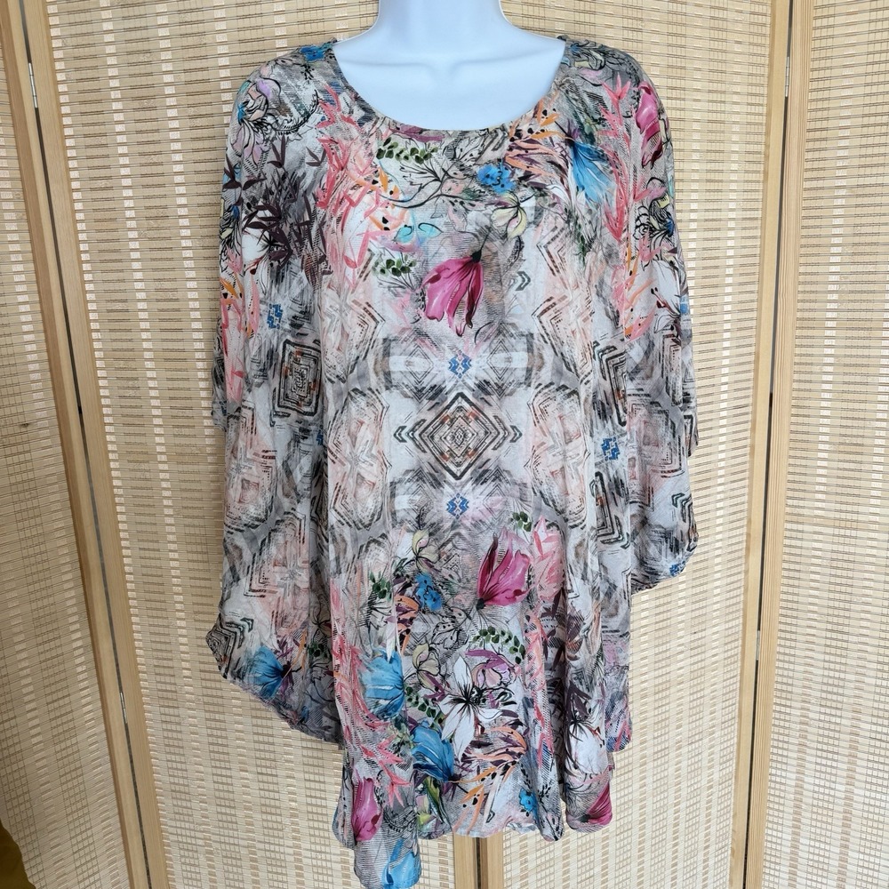 Tolani Anthropologie 100% Silk Poncho Top XL Multicolor Boho Aztec Kimono Kaftan